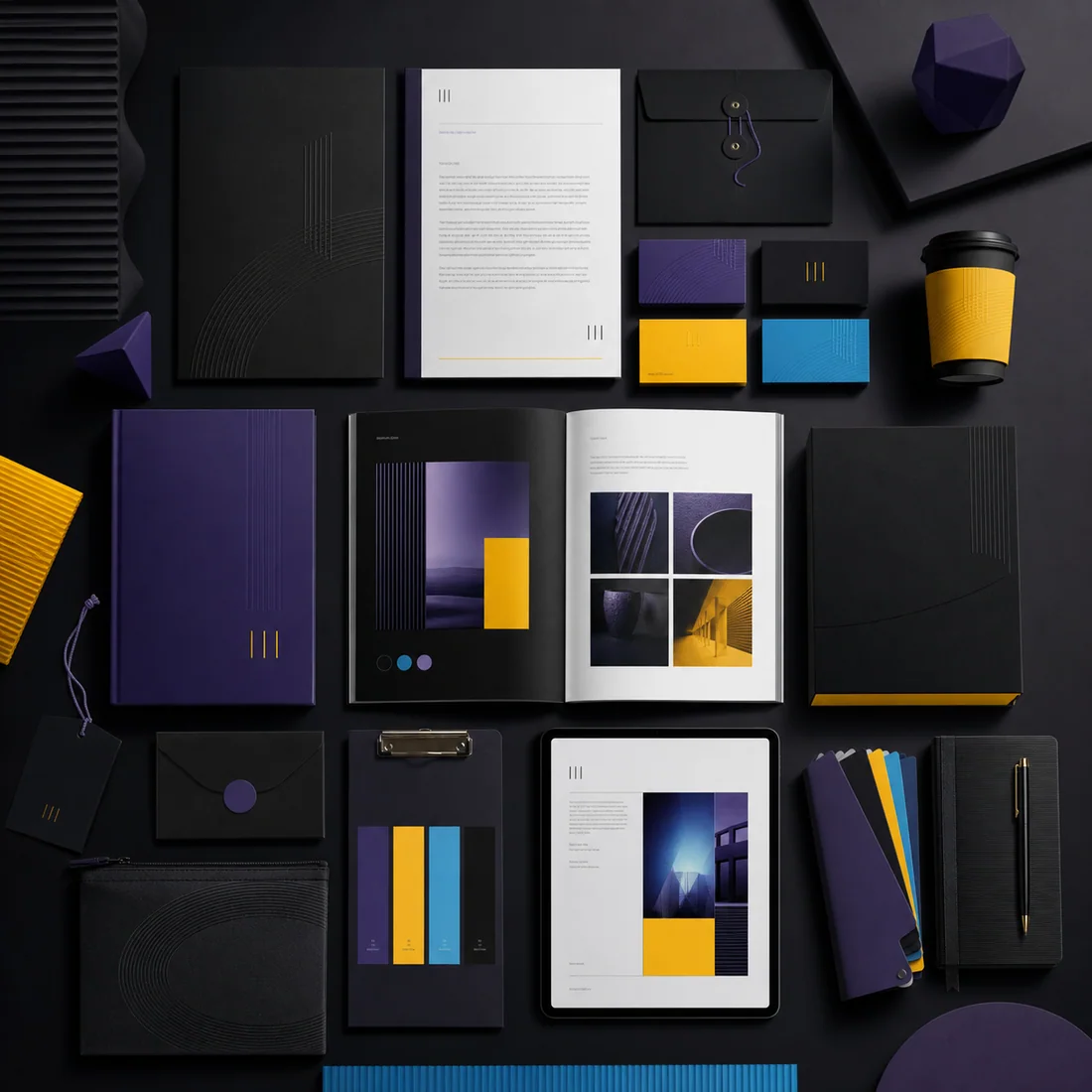 Complete graphic brand identity system arranged on a worktable