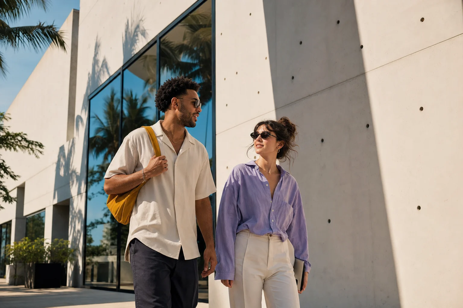 Lifestyle campaign photographed beside modern Miami architecture