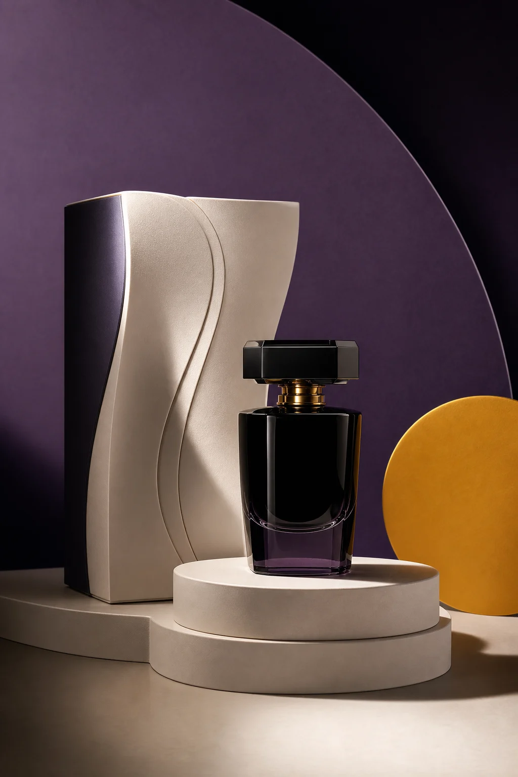 Luxury product photograph with sculptural packaging and studio lighting