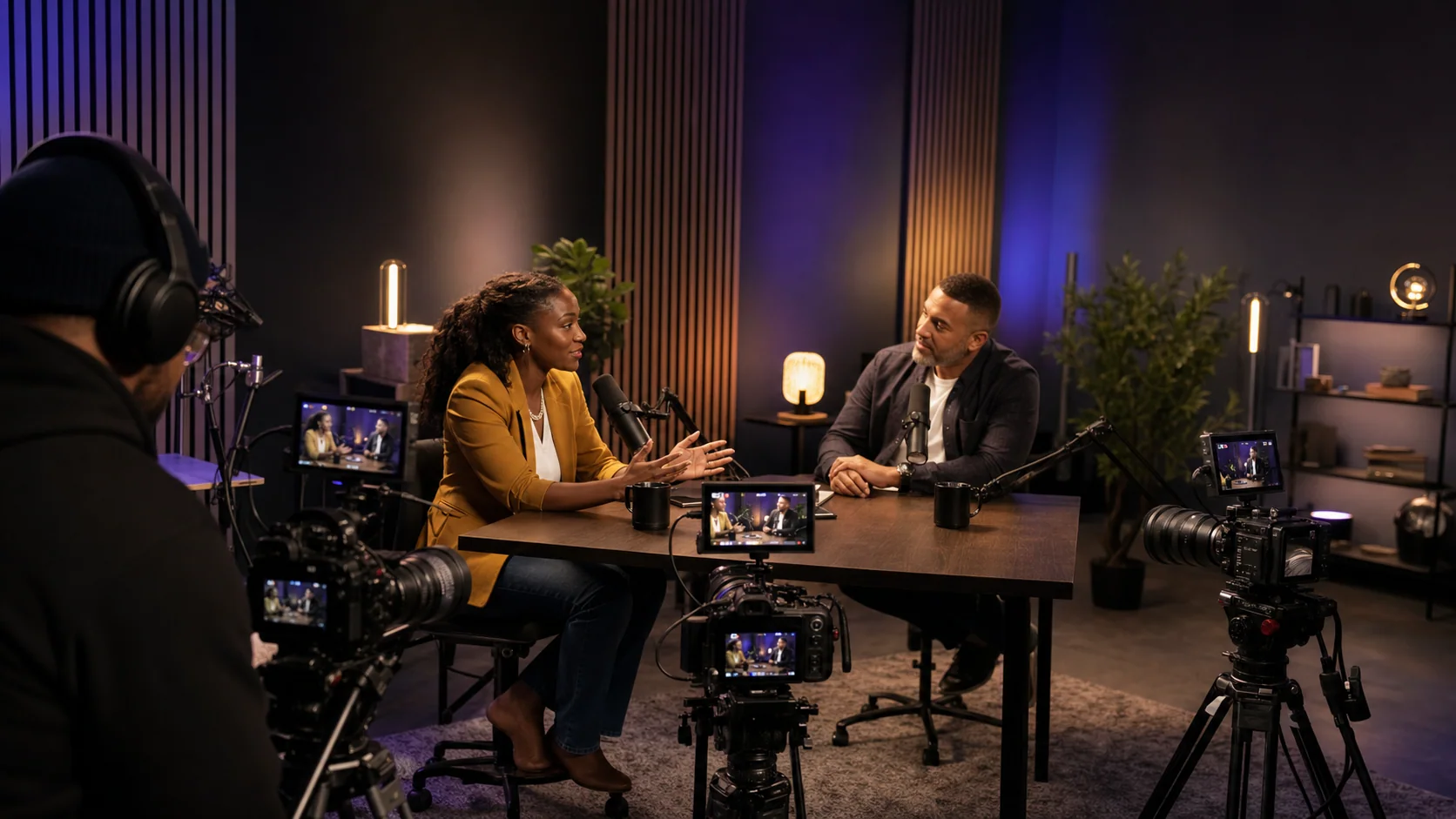 Multicamera video podcast production in a professional studio