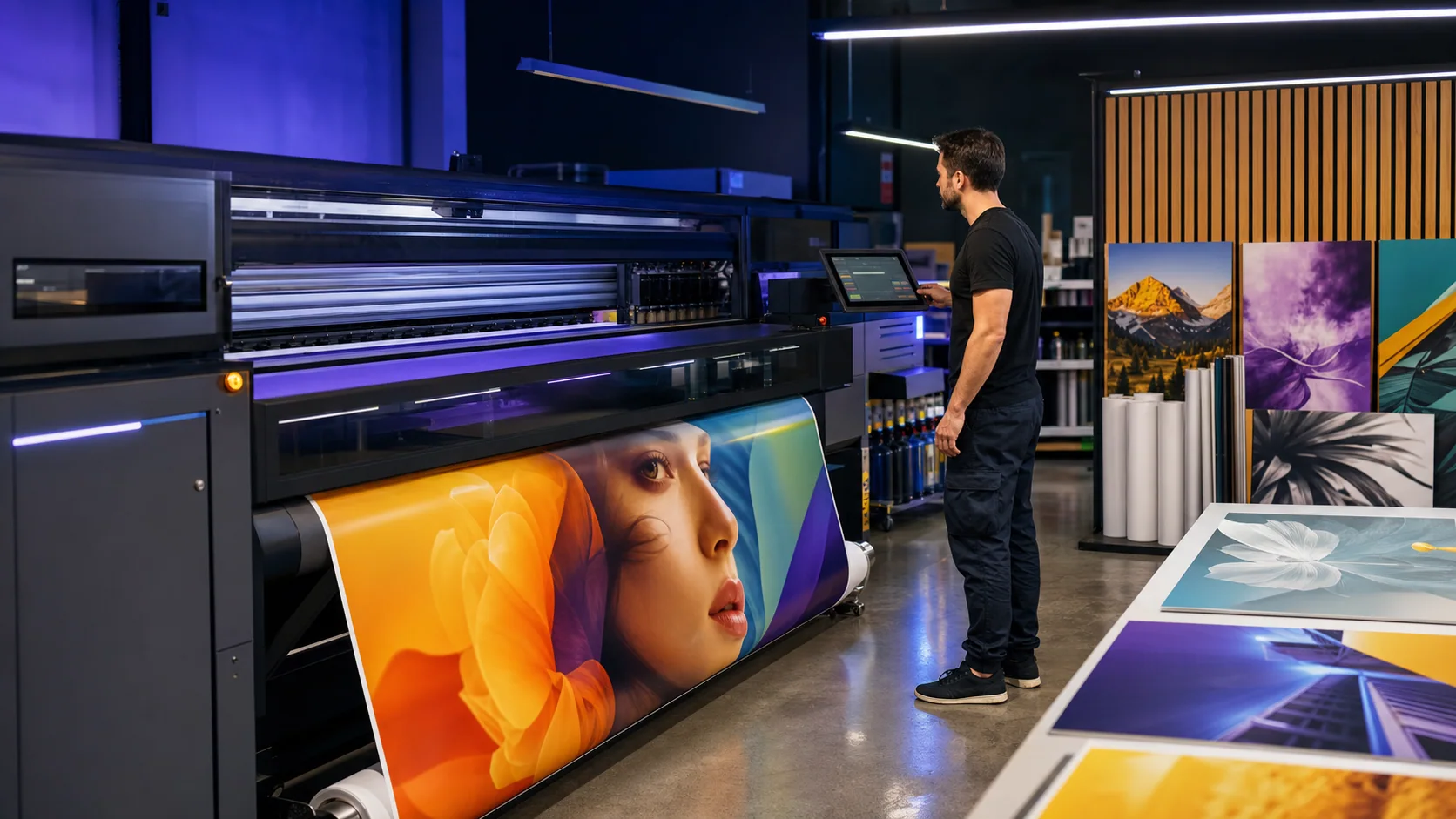Modern large-format digital printer producing exhibition graphics