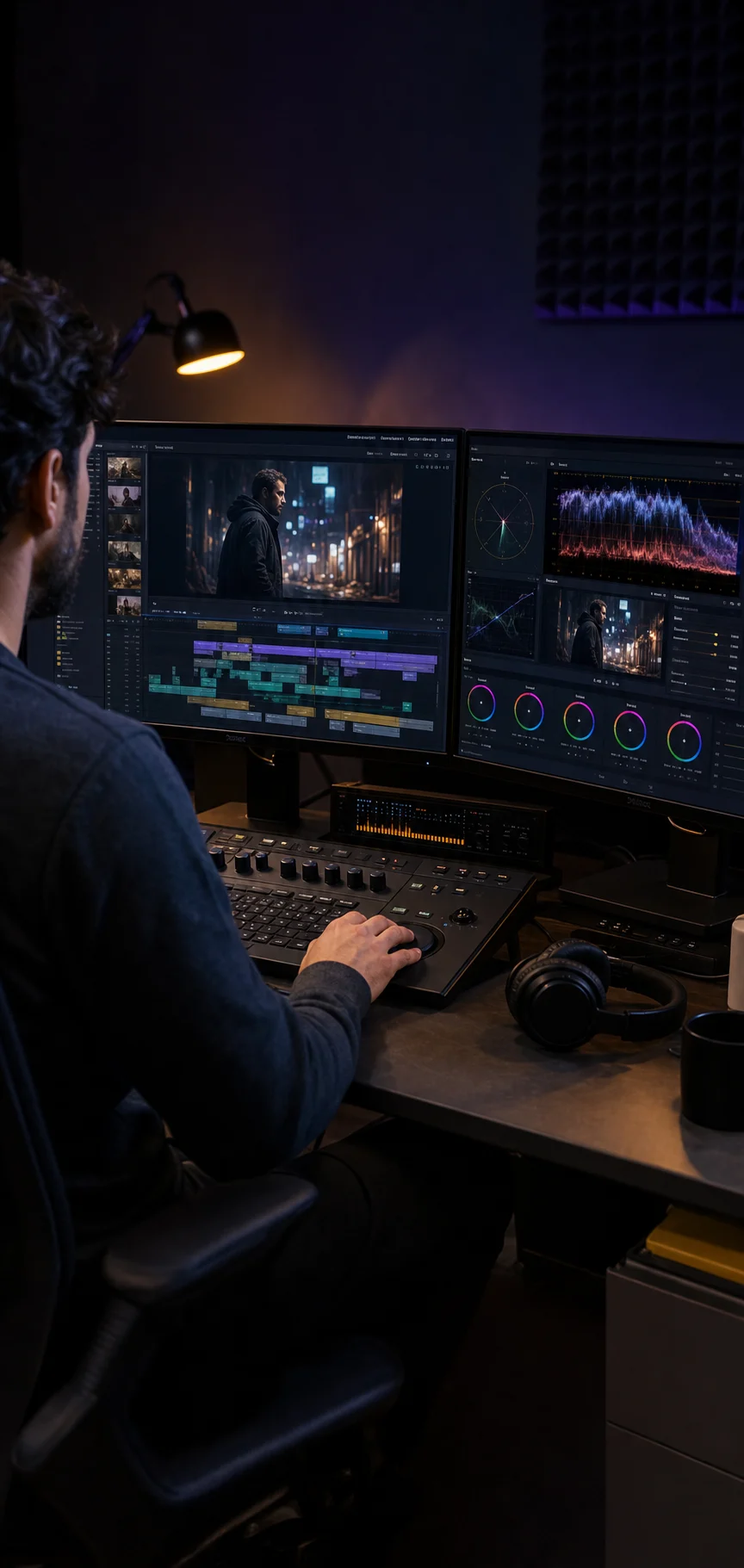 Video editor working in a professional color grading and postproduction suite