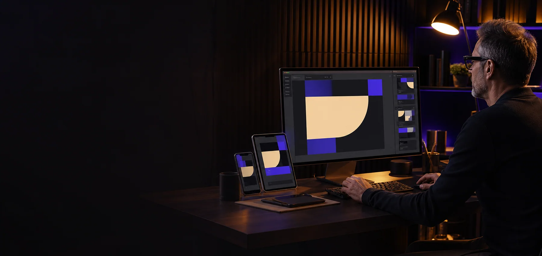 Website designer creating coordinated desktop, tablet and mobile interfaces