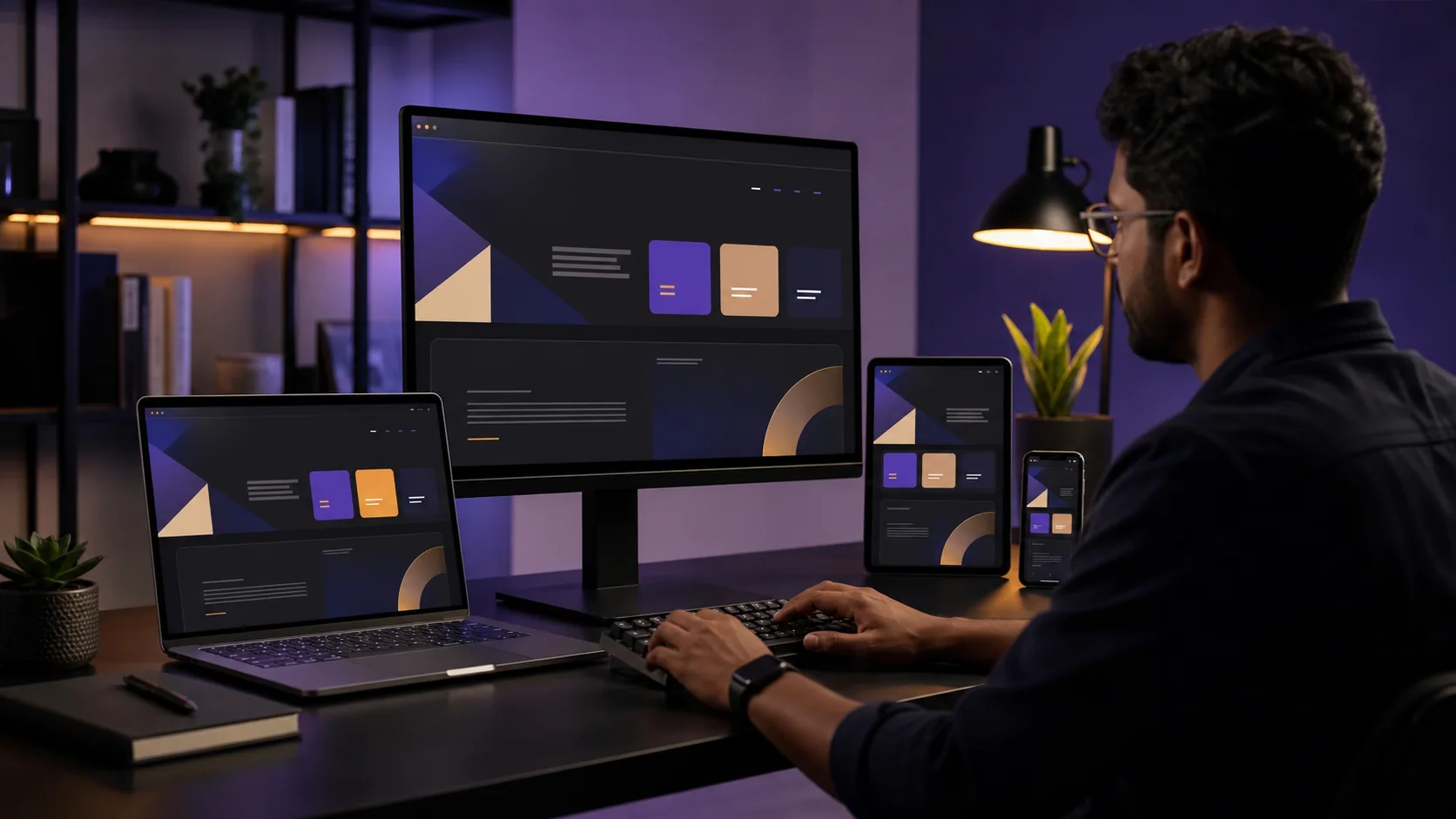 Quality assurance specialist testing a responsive website across multiple devices