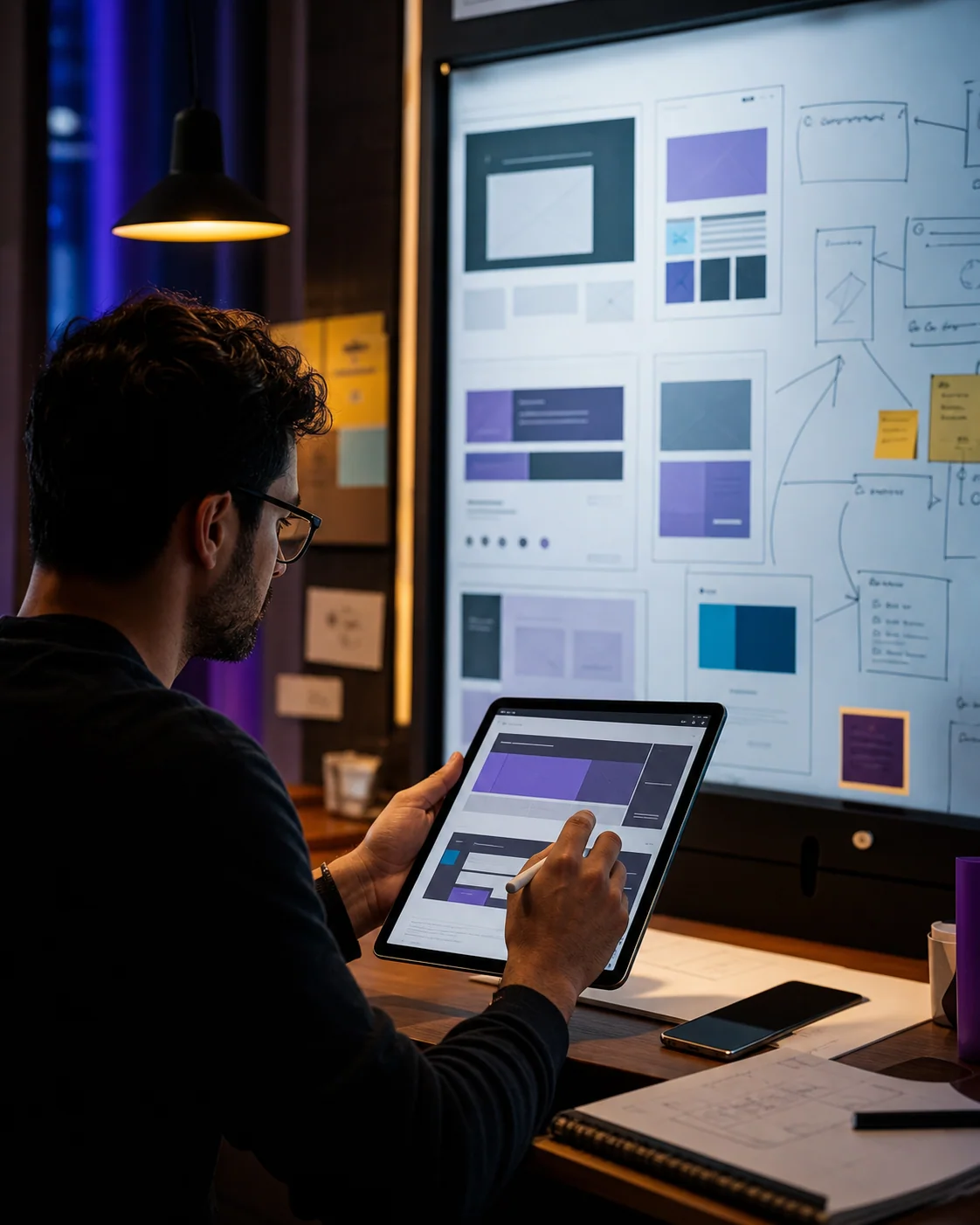 UX designer planning a website experience with wireframes and a tablet